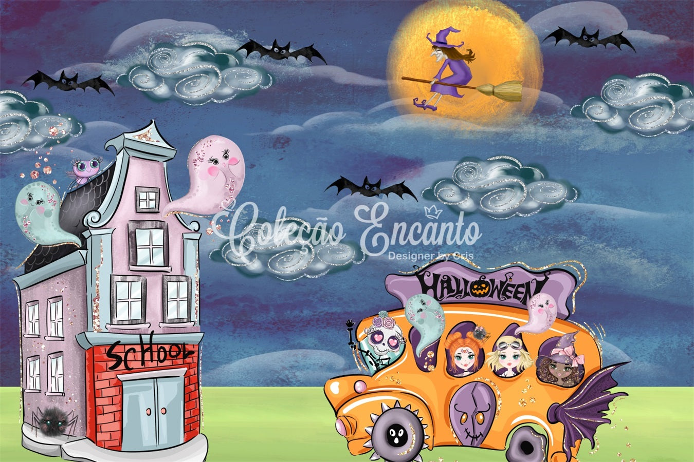 Children Backdrop Ghost Witch School Bus Night Halloween Backdrops For Kids By Magali