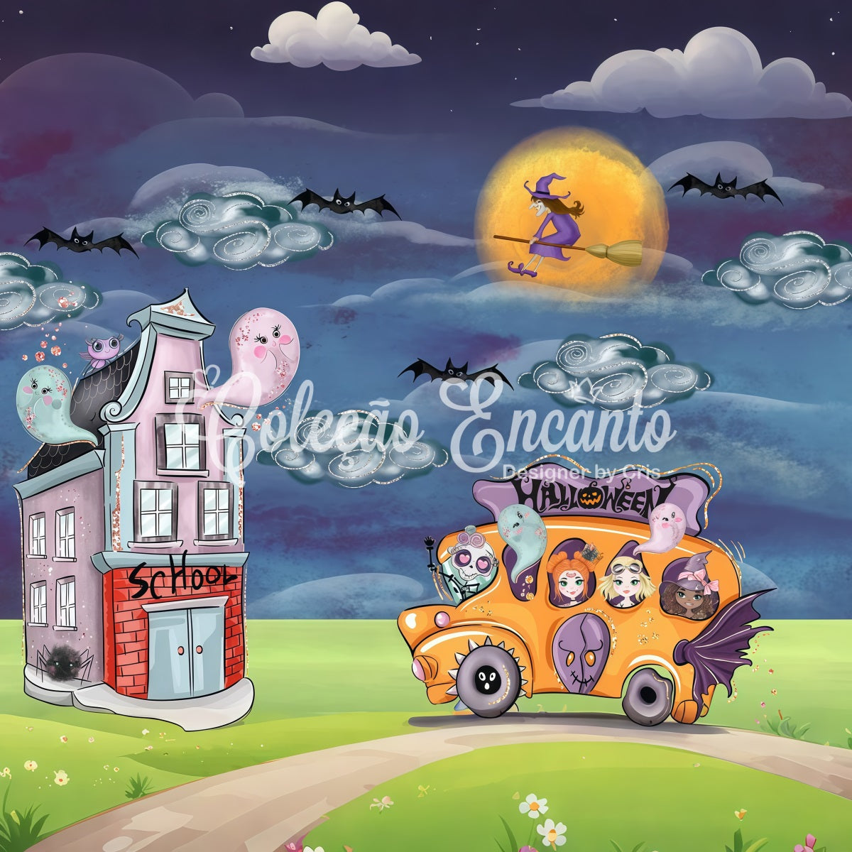 Children Backdrop Ghost Witch School Bus Night Halloween Backdrops For Kids By Magali