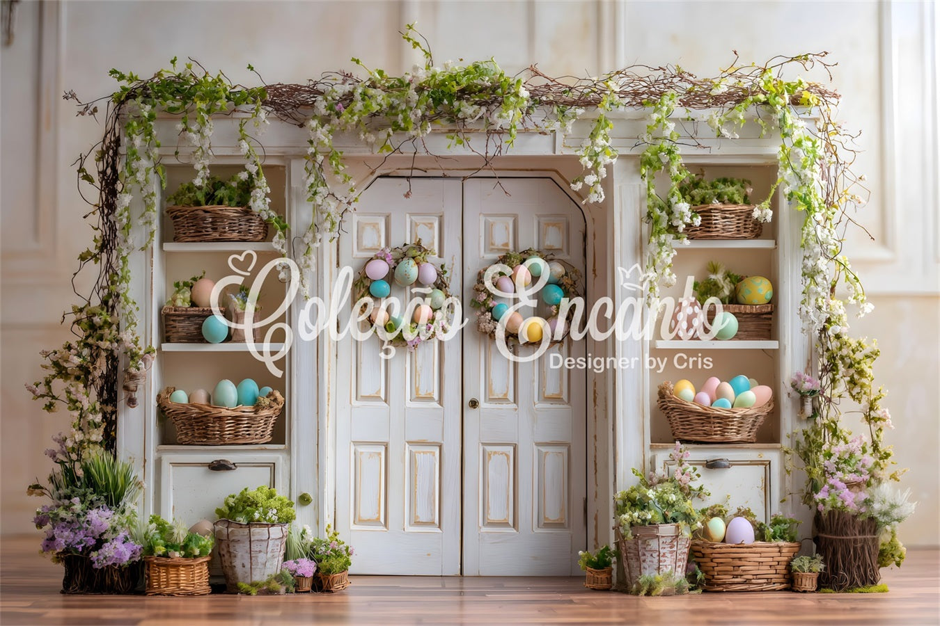 Easter Spring Floral Wreath Backdrop Vine Door Egg Shelves Easter Backdrops By Magali