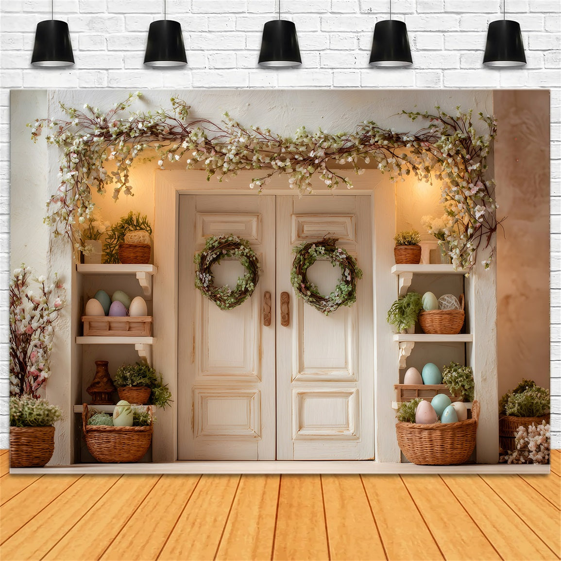 Easter Spring Backdrop Blossom Door Green Wreaths Easter Photoshoot Backdrop By Magali