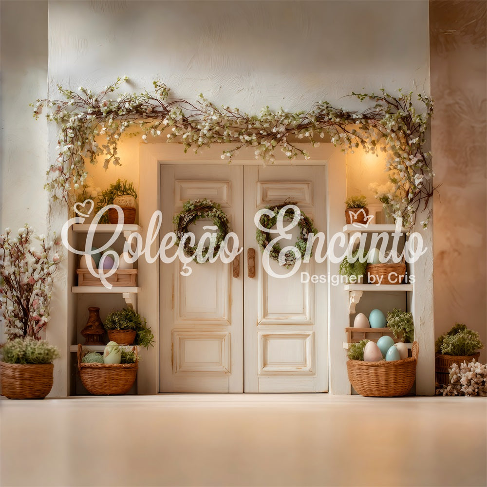 Easter Spring Backdrop Blossom Door Green Wreaths Easter Photoshoot Backdrop By Magali