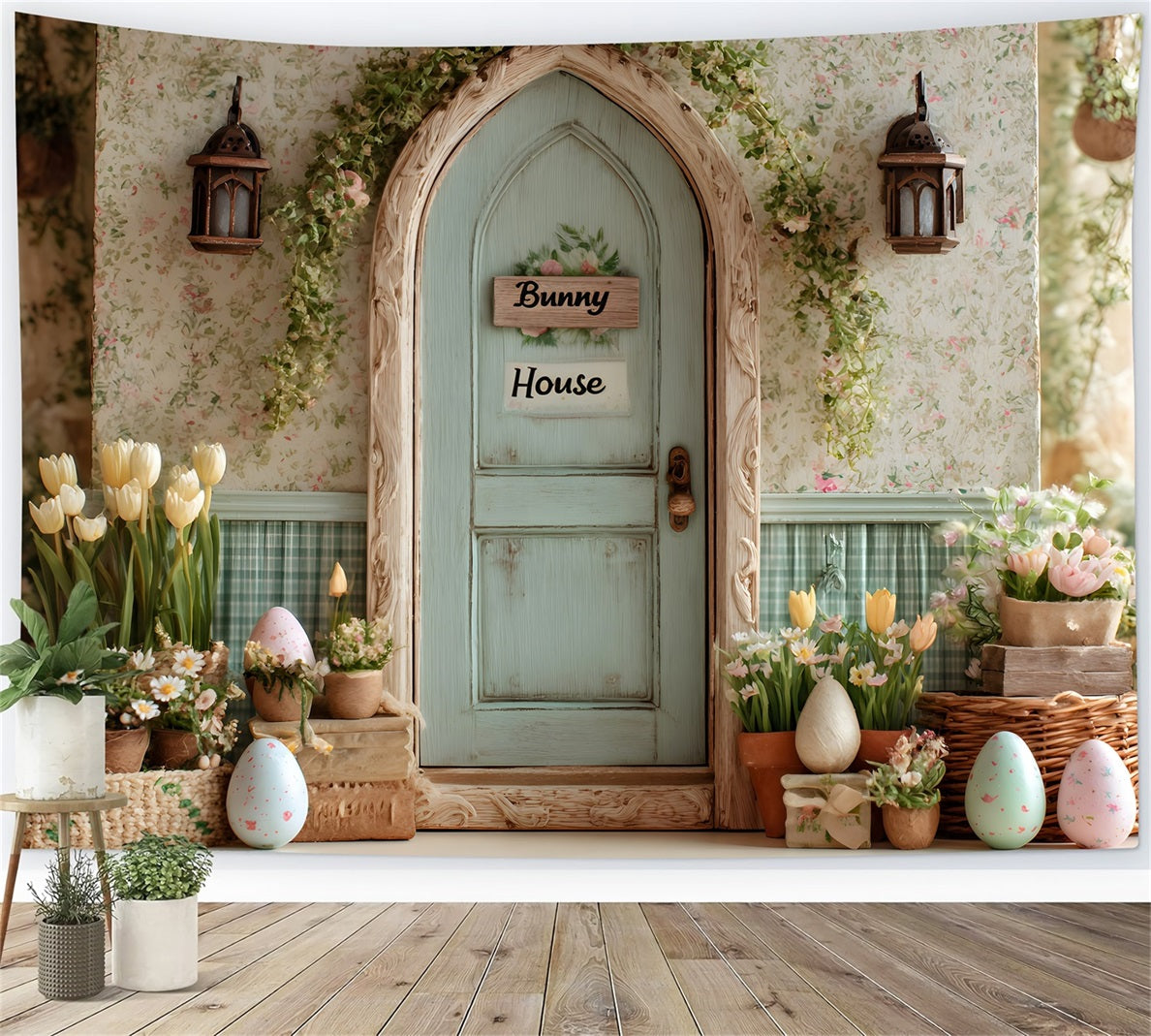 Easter Tulip Backdrop Bunny House Flower Eggs Backdrop For Easter By Magali