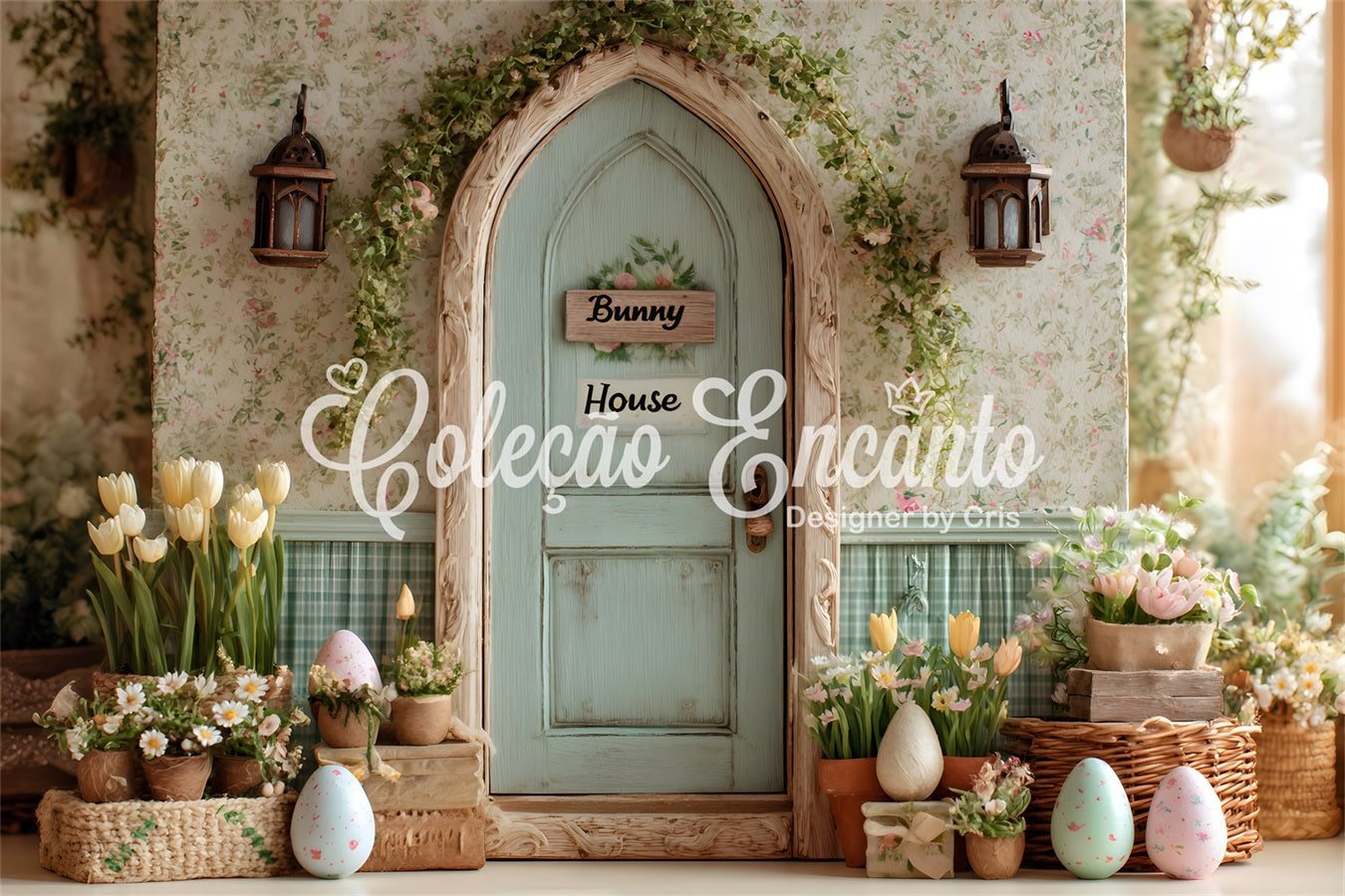 Easter Tulip Backdrop Bunny House Flower Eggs Backdrop For Easter By Magali