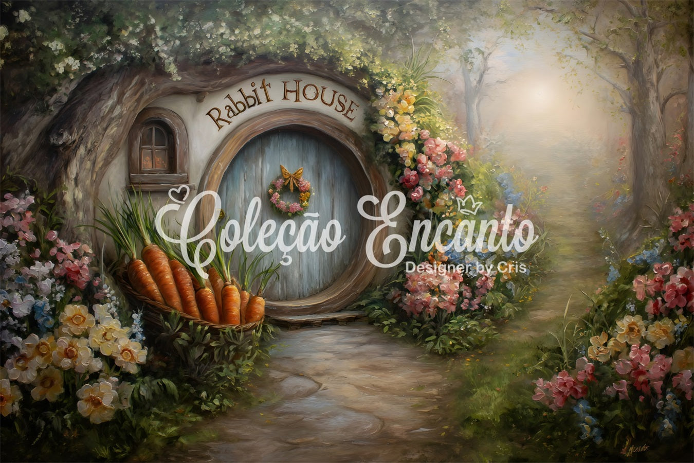 Easter Bunny Burrow Backdrop Hobbit Door Carrot Blooms Easter Photography Backdrop By Magali