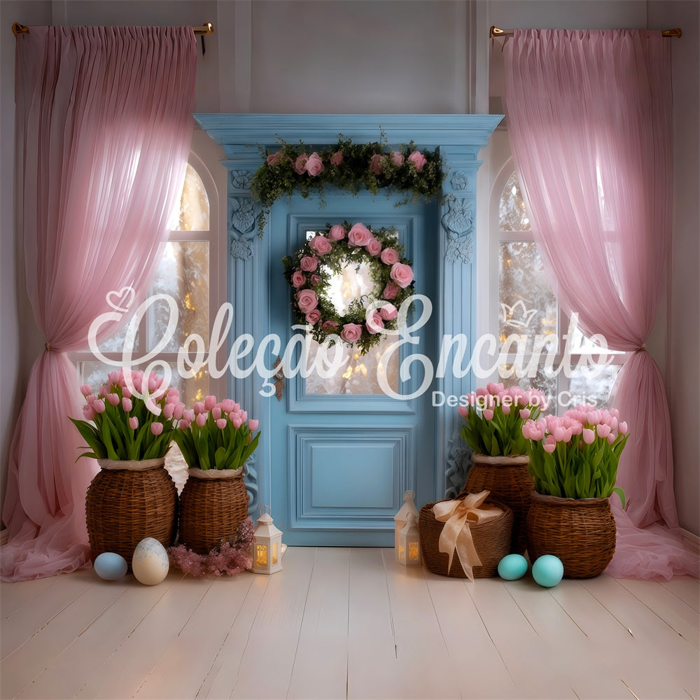 Easter Tulip Backdrop Blue Door Pink Curtain Easter Backdrop For Photography By Magali