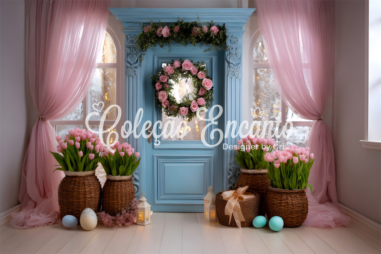Easter Tulip Backdrop Blue Door Pink Curtain Easter Backdrop For Photography By Magali