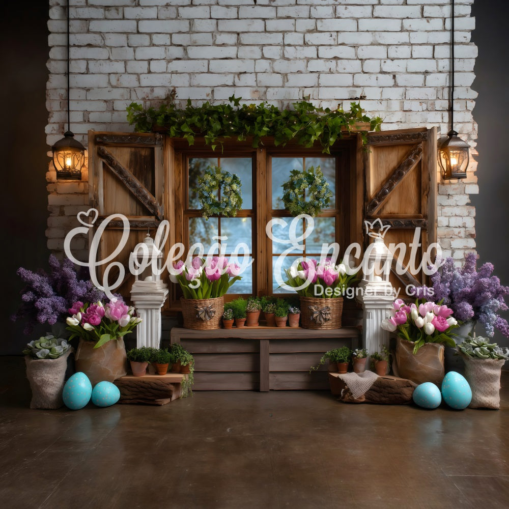Easter Cottage Garden Backdrop Window Wreath Tulip Eggs Easter Backdrops Photography By Magali