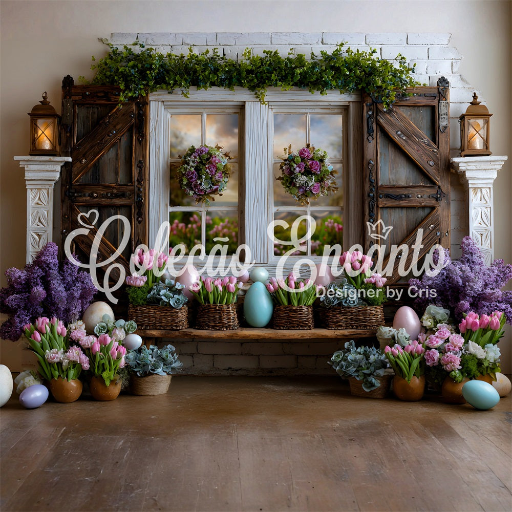Easter Cottage Garden Backdrop Lavender Tulip Eggs Window Happy Easter Photo Backdrop By Magali