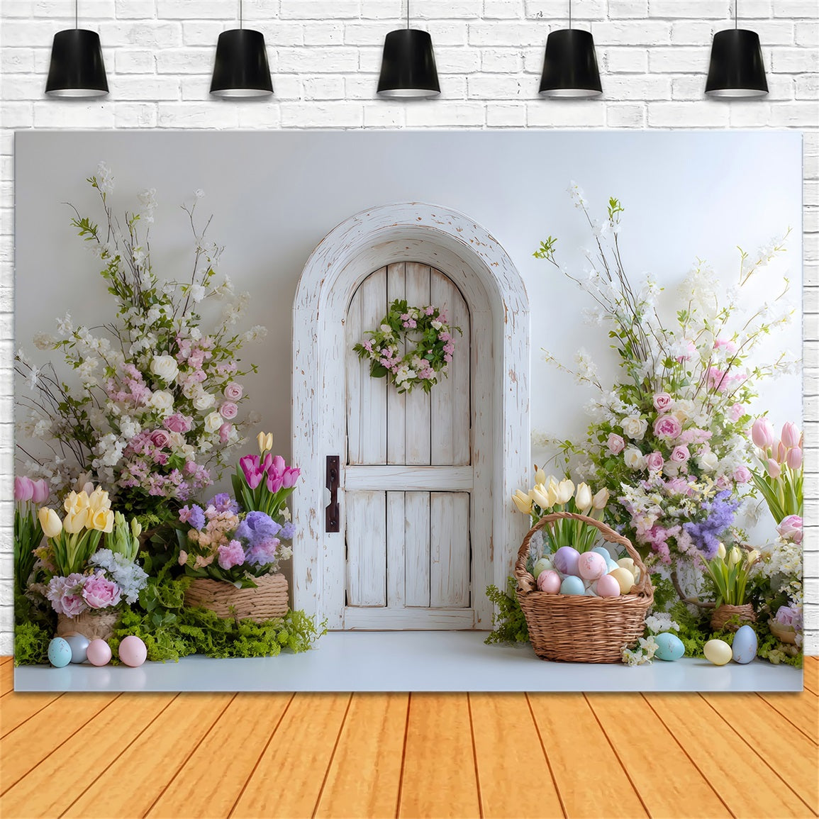 Easter Spring Backdrop Wreath Door Egg Basket Easter Party Backdrop By Magali