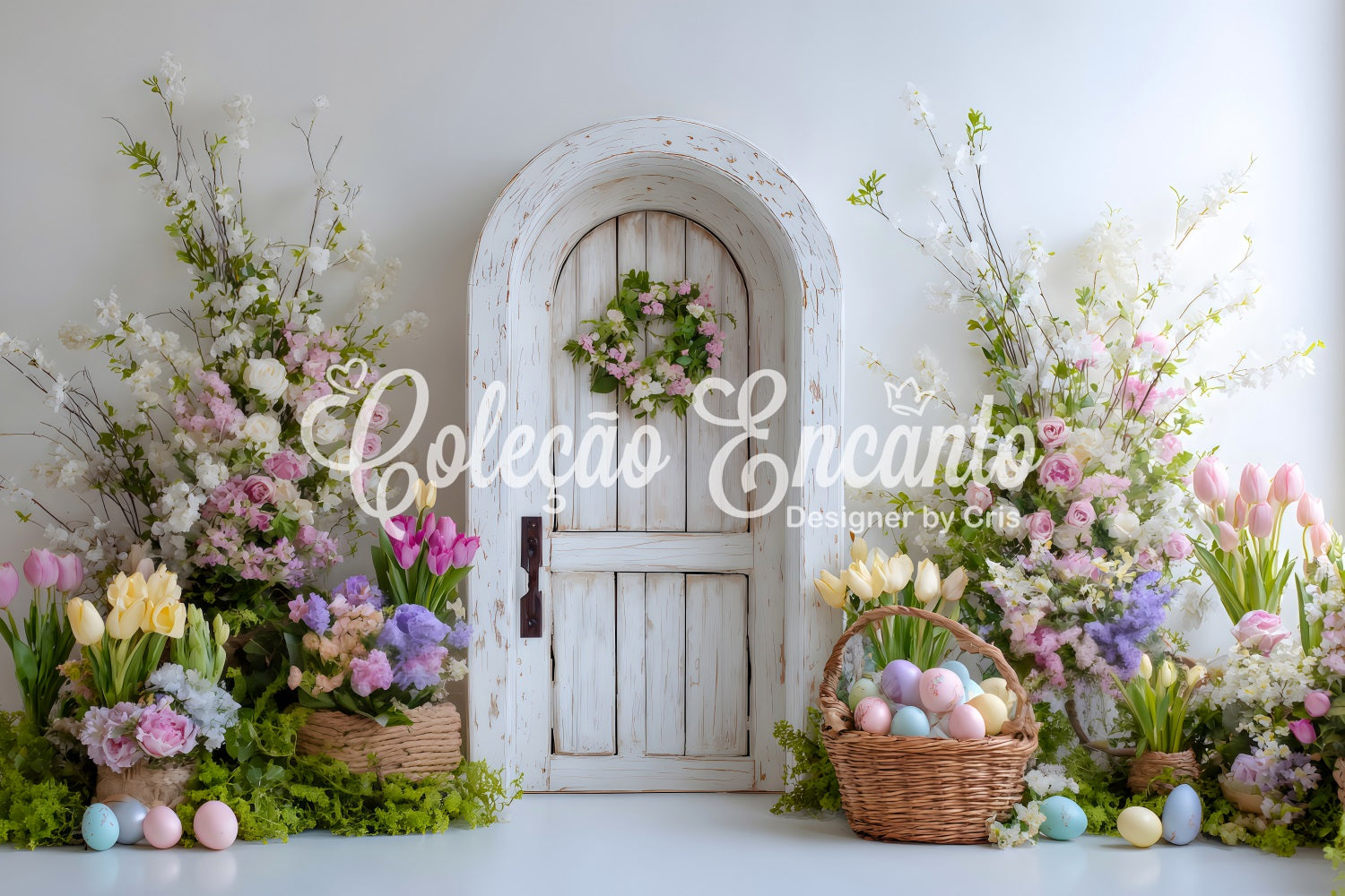 Easter Spring Backdrop Wreath Door Egg Basket Easter Party Backdrop By Magali