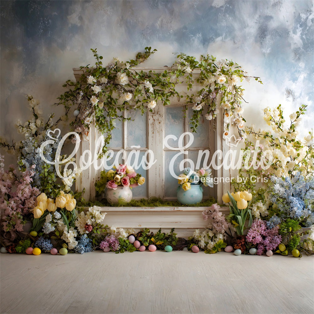 Easter Cottage Garden Backdrop Window Floral Pastel Eggs Photo Backdrops Easter By Magali