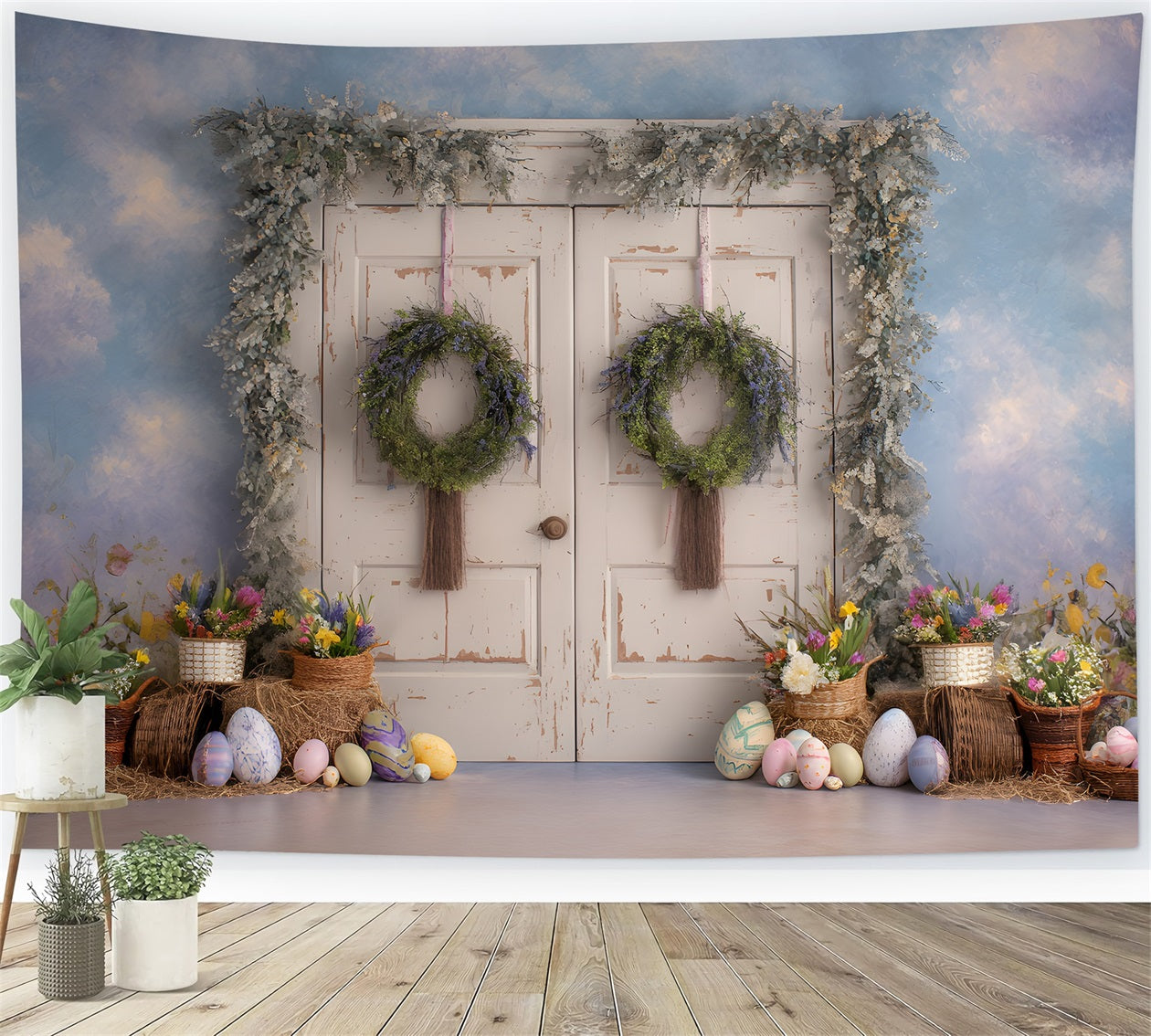 Easter Vintage Floral Backdrop Rustic Flower Door Egg Display Easter Backdrop By Magali