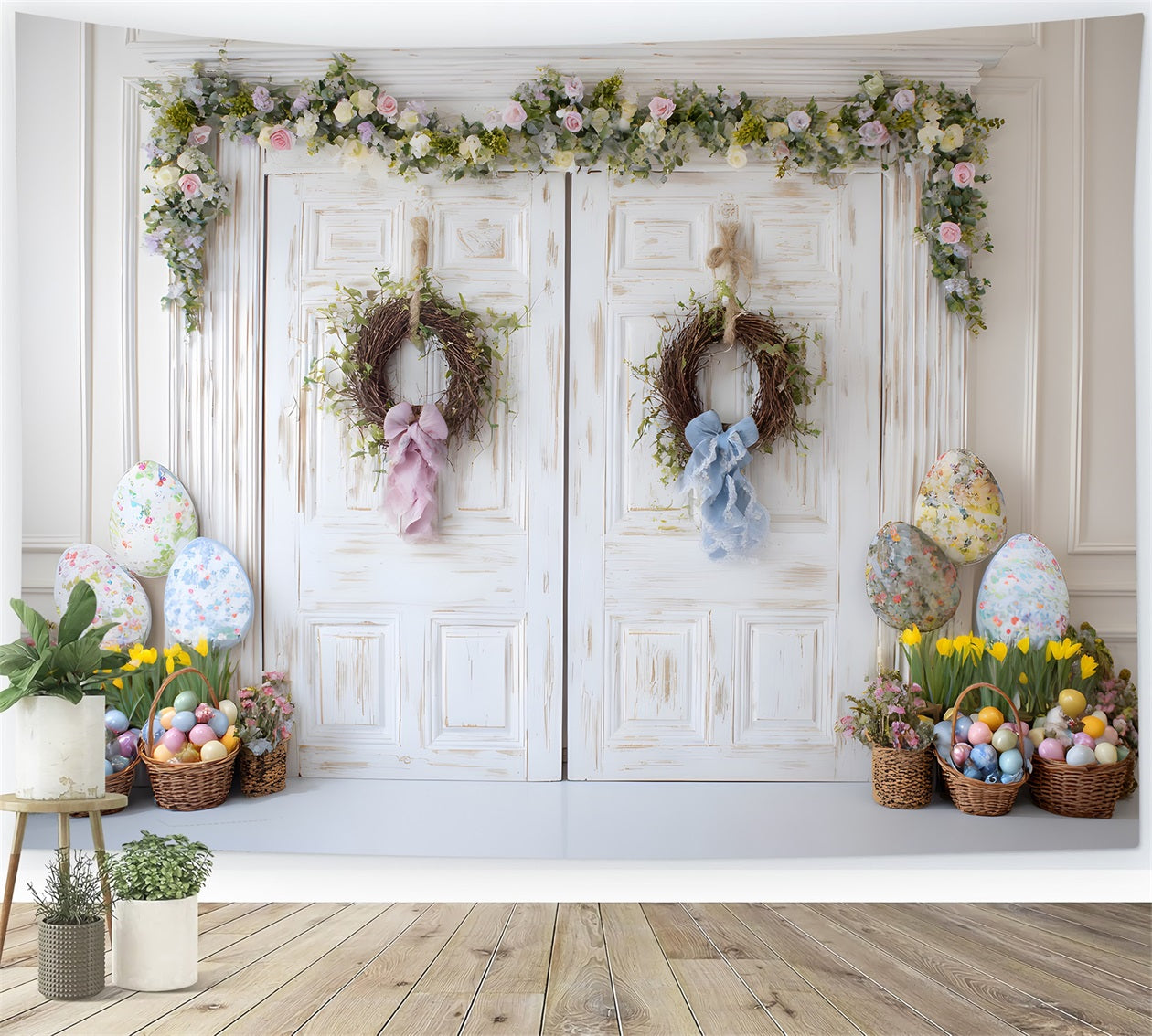 Happy Easter Backdrop Shabby Chic Door Egg Baskets Easter Photo Backdrop By Magali