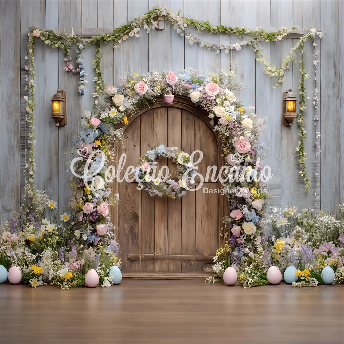 Easter Wreath Doorway Backdrop Rustic Floral Wooden Door Easter Backdrops For Photography By Magali