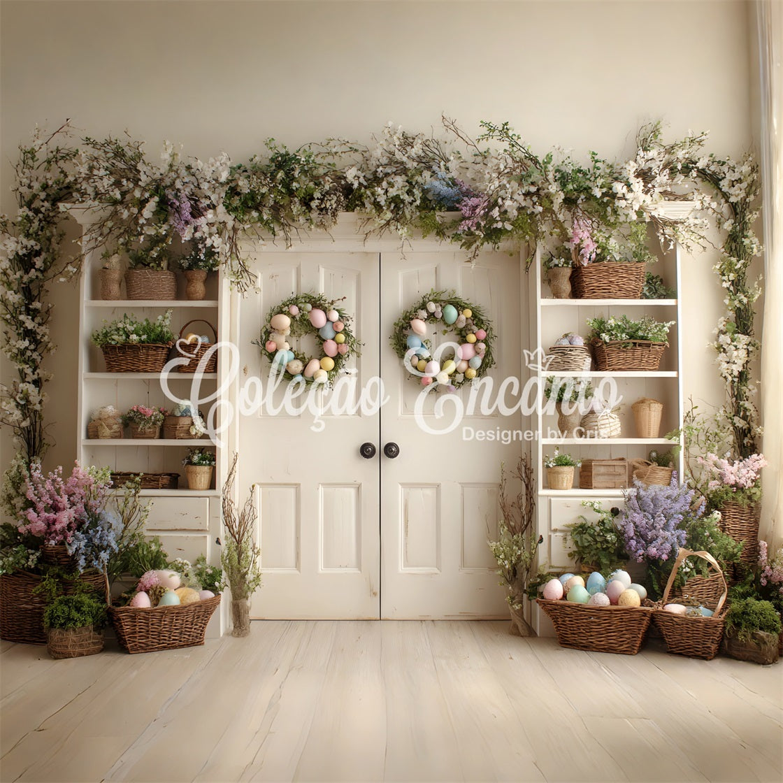 Easter Spring Floral Wreath Backdrop Cabinet Egg Wreaths Easter Picture Backdrops By Magali