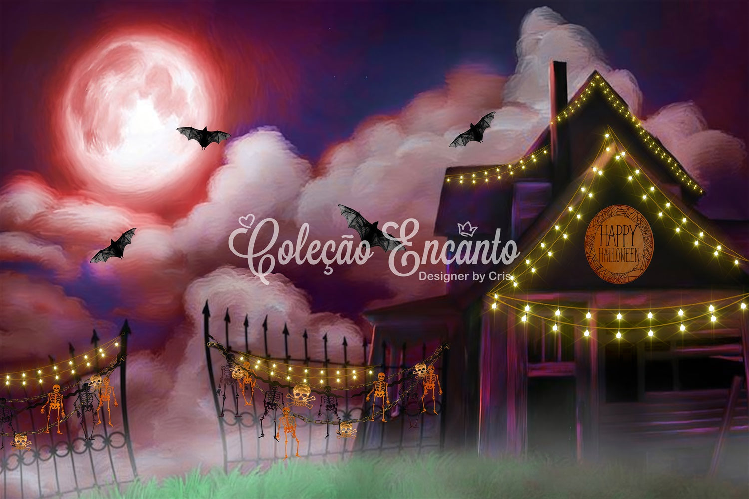 Children's Backdrop Moonlit Farmhouse String Lights Halloween Backdrop For Kids By Magali