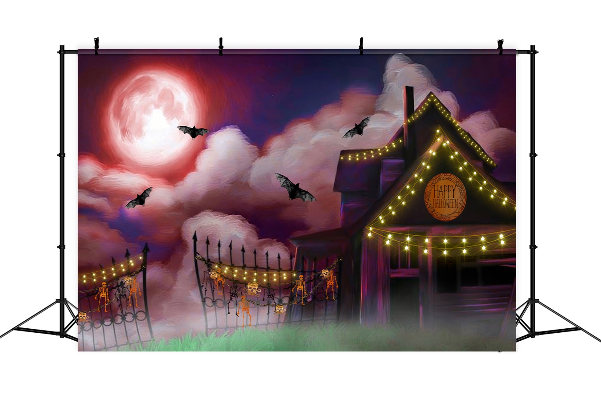 Children's Backdrop Moonlit Farmhouse String Lights Halloween Backdrop For Kids By Magali