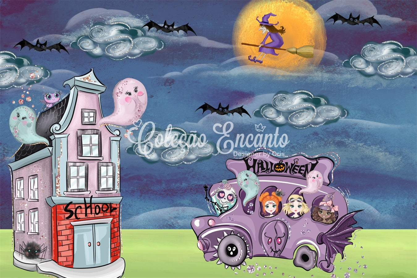 Newborn Photo Backdrop Spooky Bus Witch Moon Halloween Backdrops For Kids By Magali
