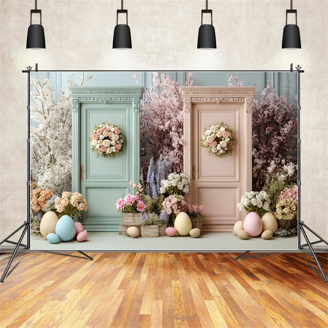 Easter Spring Floral Wreath Backdrop Dual Flower Doors Eggs Easter Backdrops For Photos By Magali