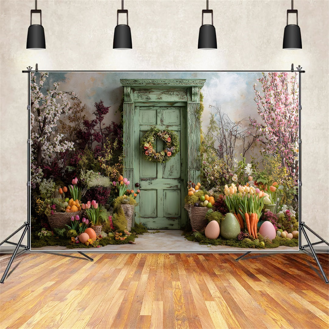 Easter Tulip Backdrop Mossy Rustic Green Door Egg Photo Backdrops For Easter By Magali