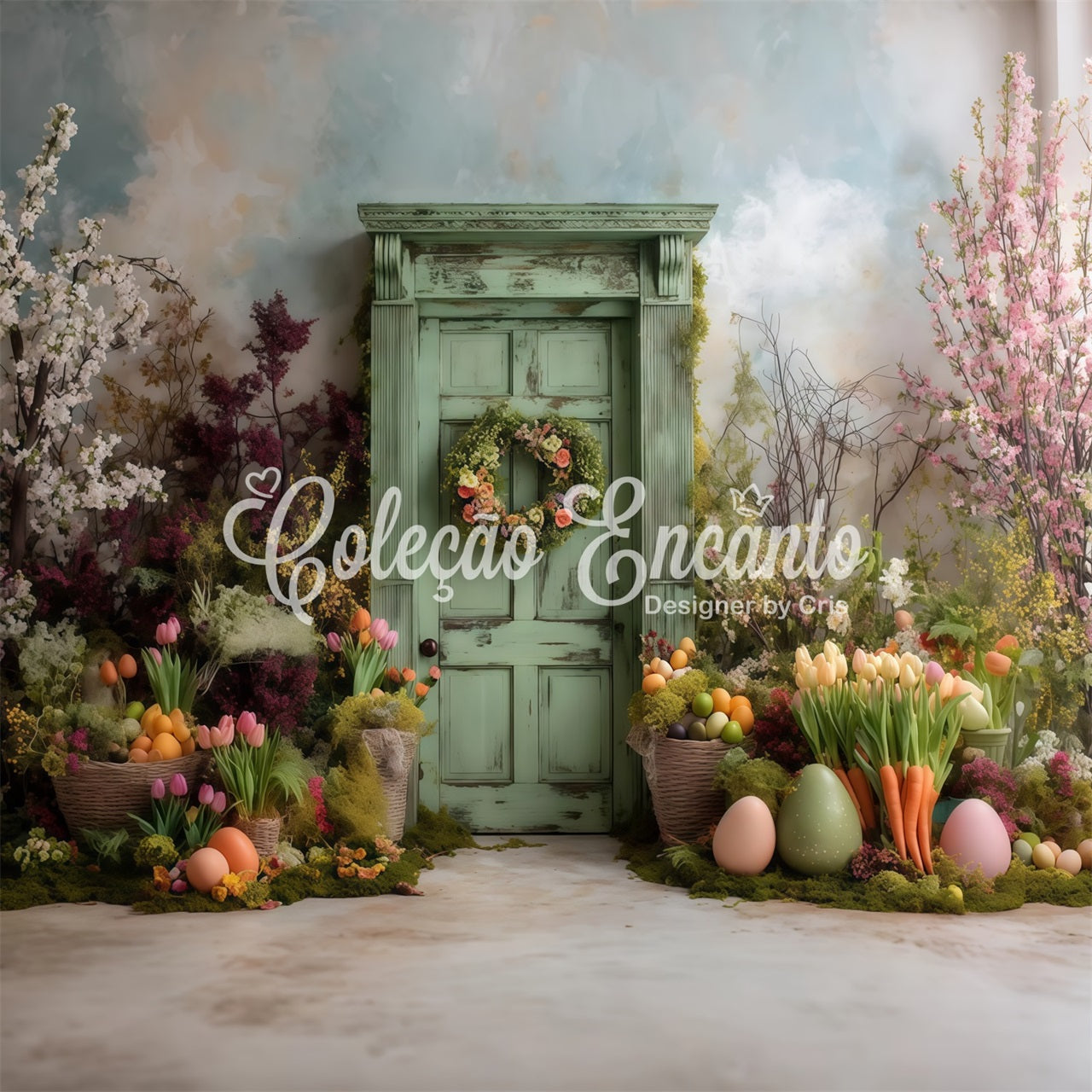 Easter Tulip Backdrop Mossy Rustic Green Door Egg Photo Backdrops For Easter By Magali
