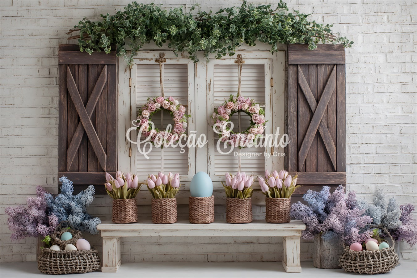 Easter Spring Floral Wreath Backdrop Pink Tulip Egg Window Photography Backdrops Easter By Magali