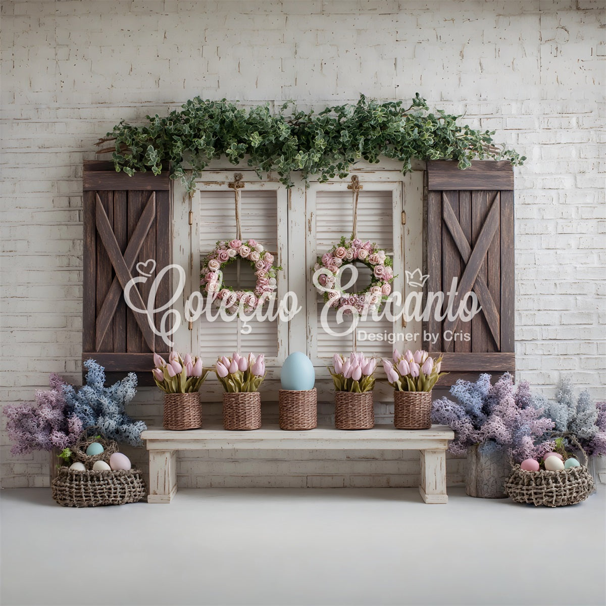 Easter Spring Floral Wreath Backdrop Pink Tulip Egg Window Photography Backdrops Easter By Magali