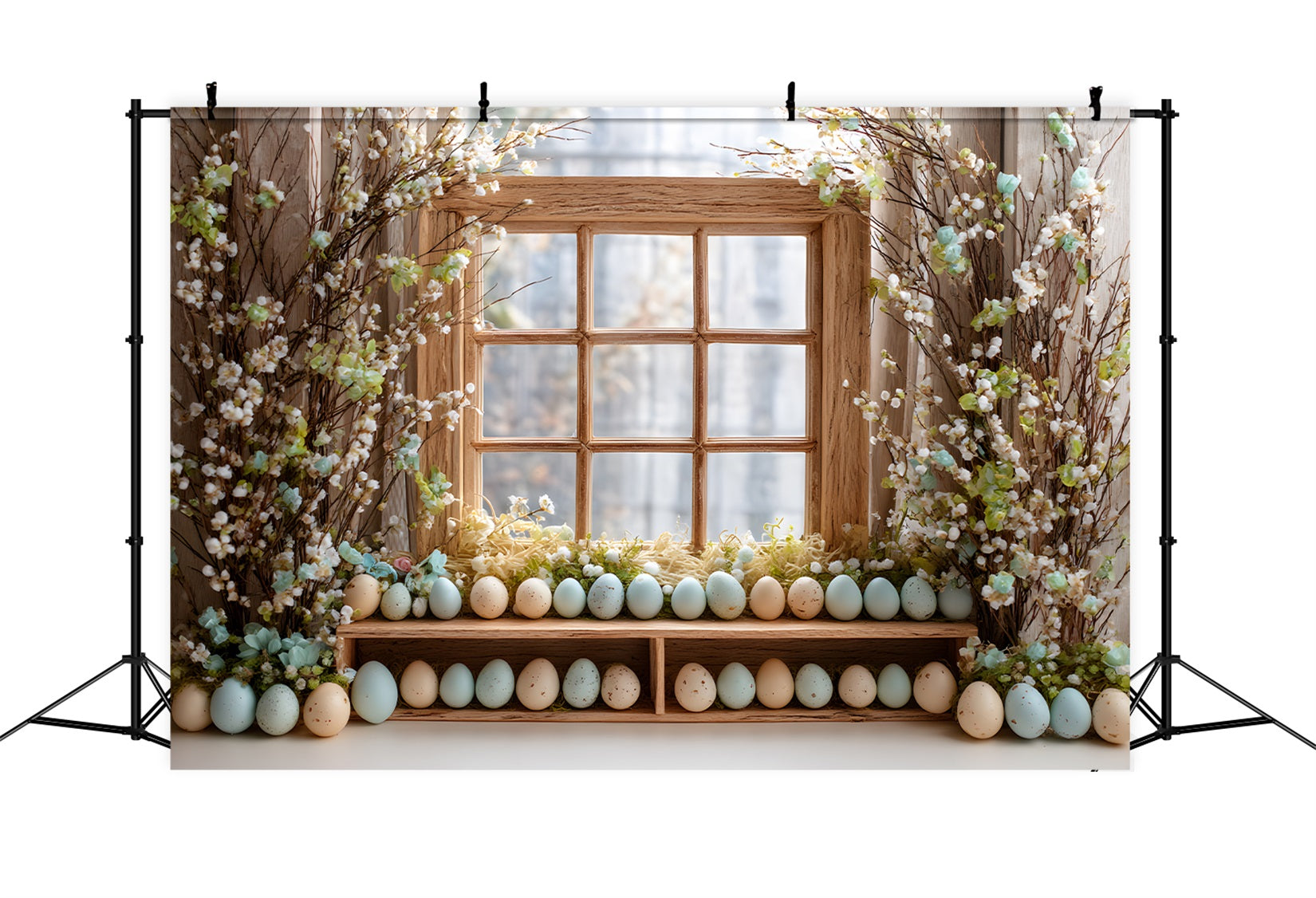 Easter Egg Backdrop Flower Blooms Wooden Window Photo Shoot Easter Backdrop By Magali