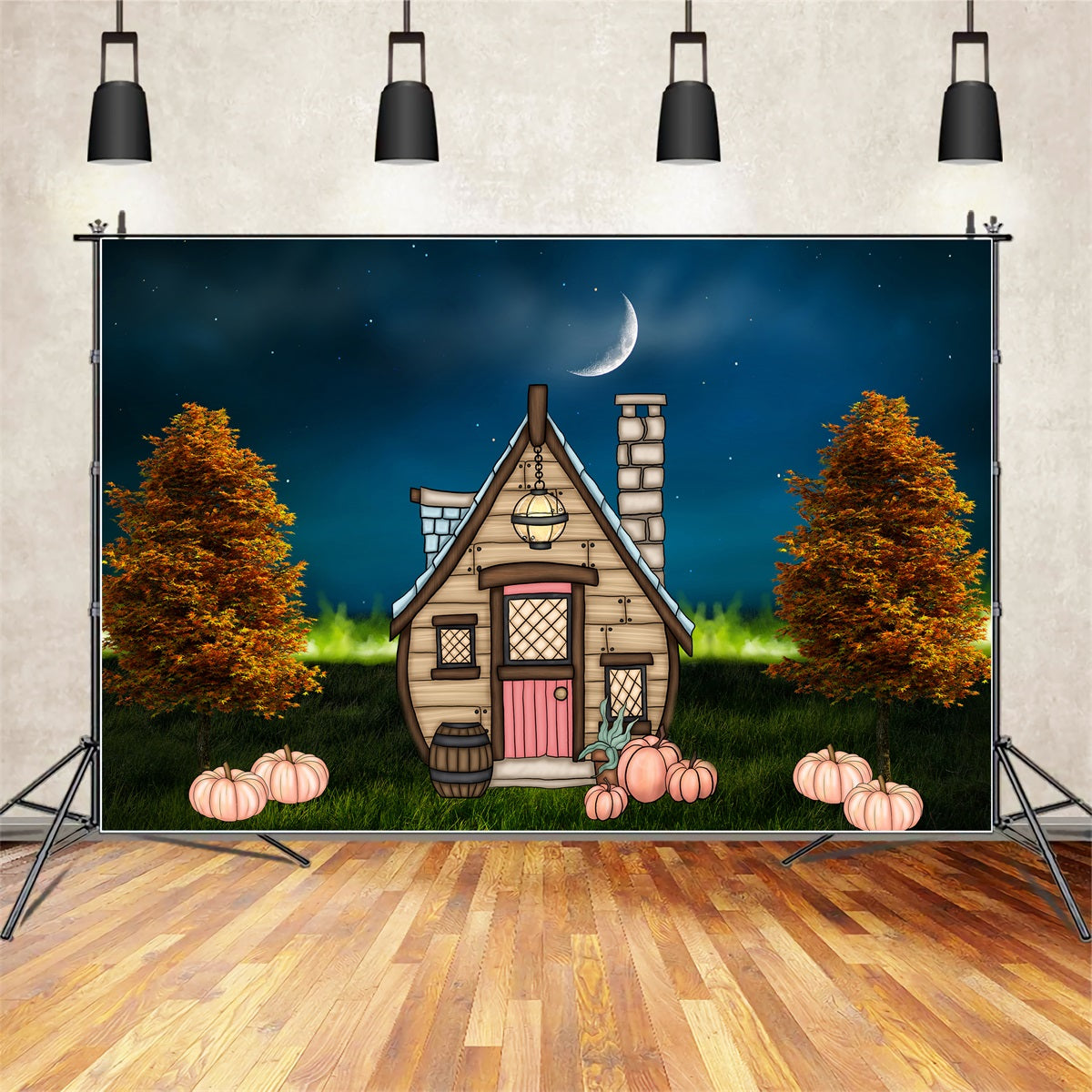 Newborn Backdrops Moonlit Cottage Pumpkin Lawn Halloween Backdrops For Kids By Magali