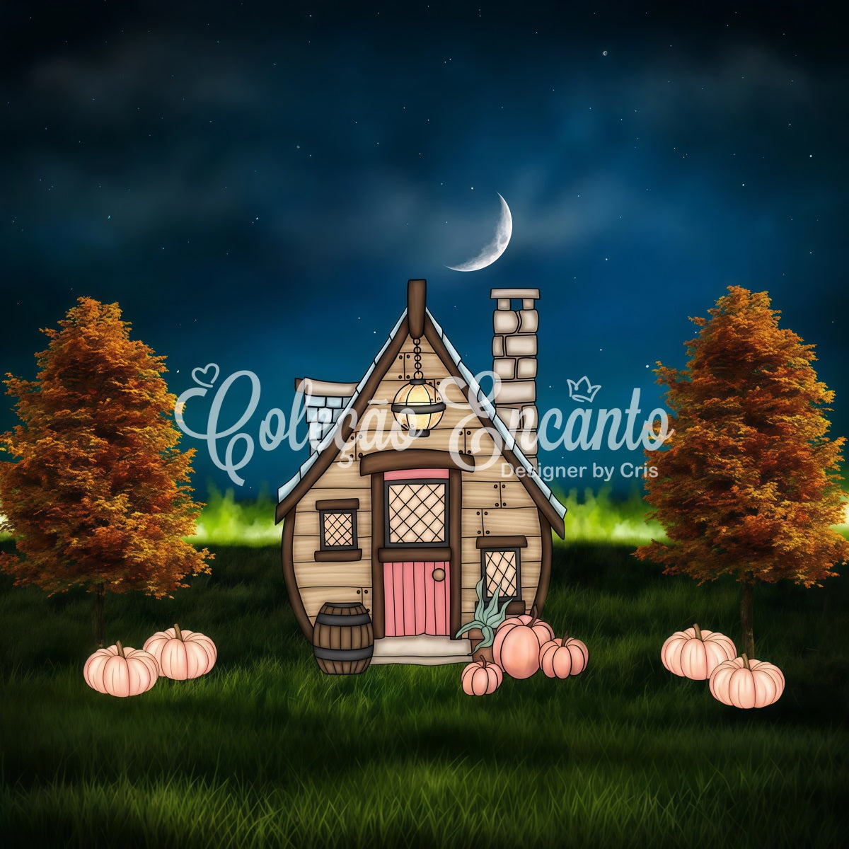 Newborn Backdrops Moonlit Cottage Pumpkin Lawn Halloween Backdrops For Kids By Magali