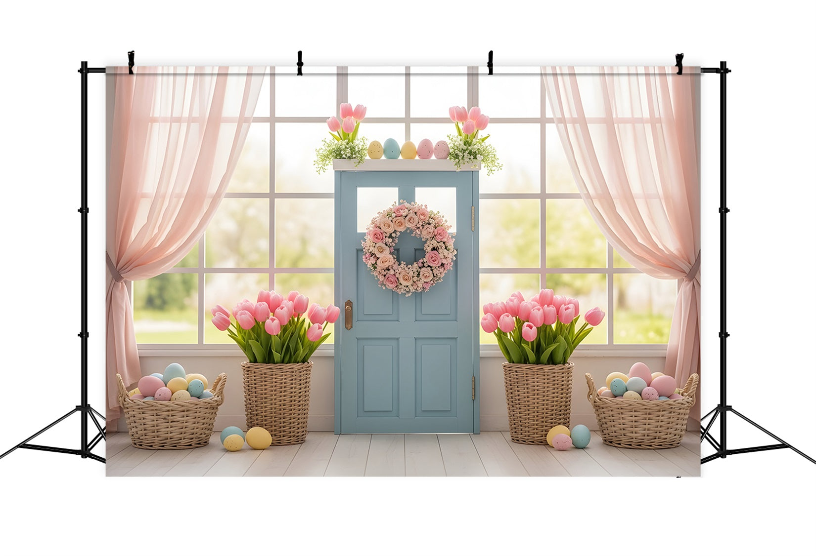 Easter Window Spring Light Backdrop Blue Door Tulip Egg Baskets Easter Backdrop Photos By Magali