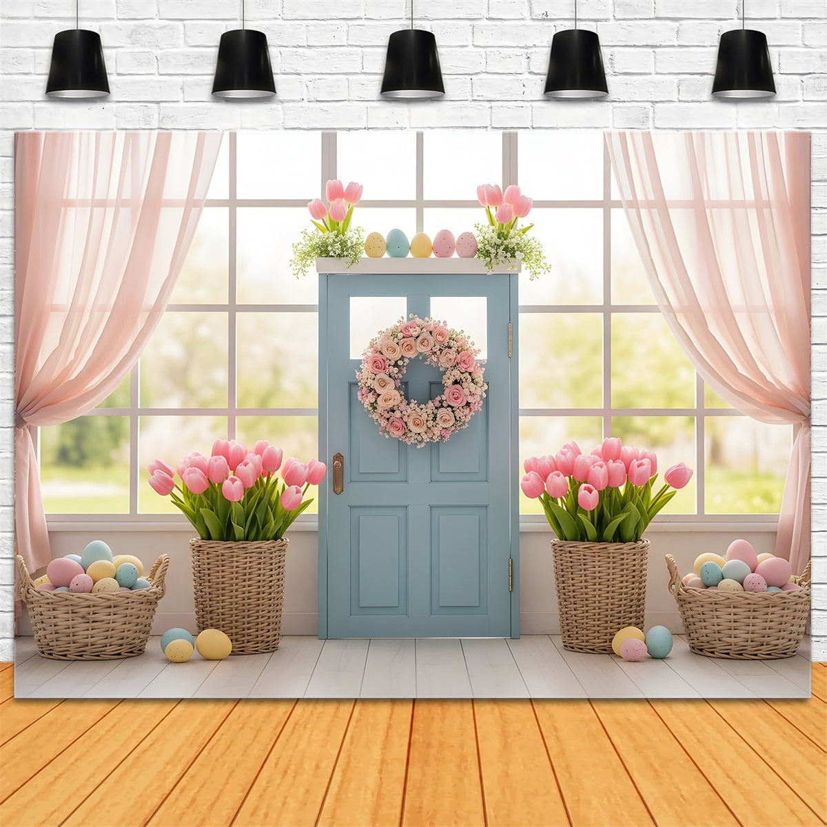Easter Window Spring Light Backdrop Blue Door Tulip Egg Baskets Easter Backdrop Photos By Magali