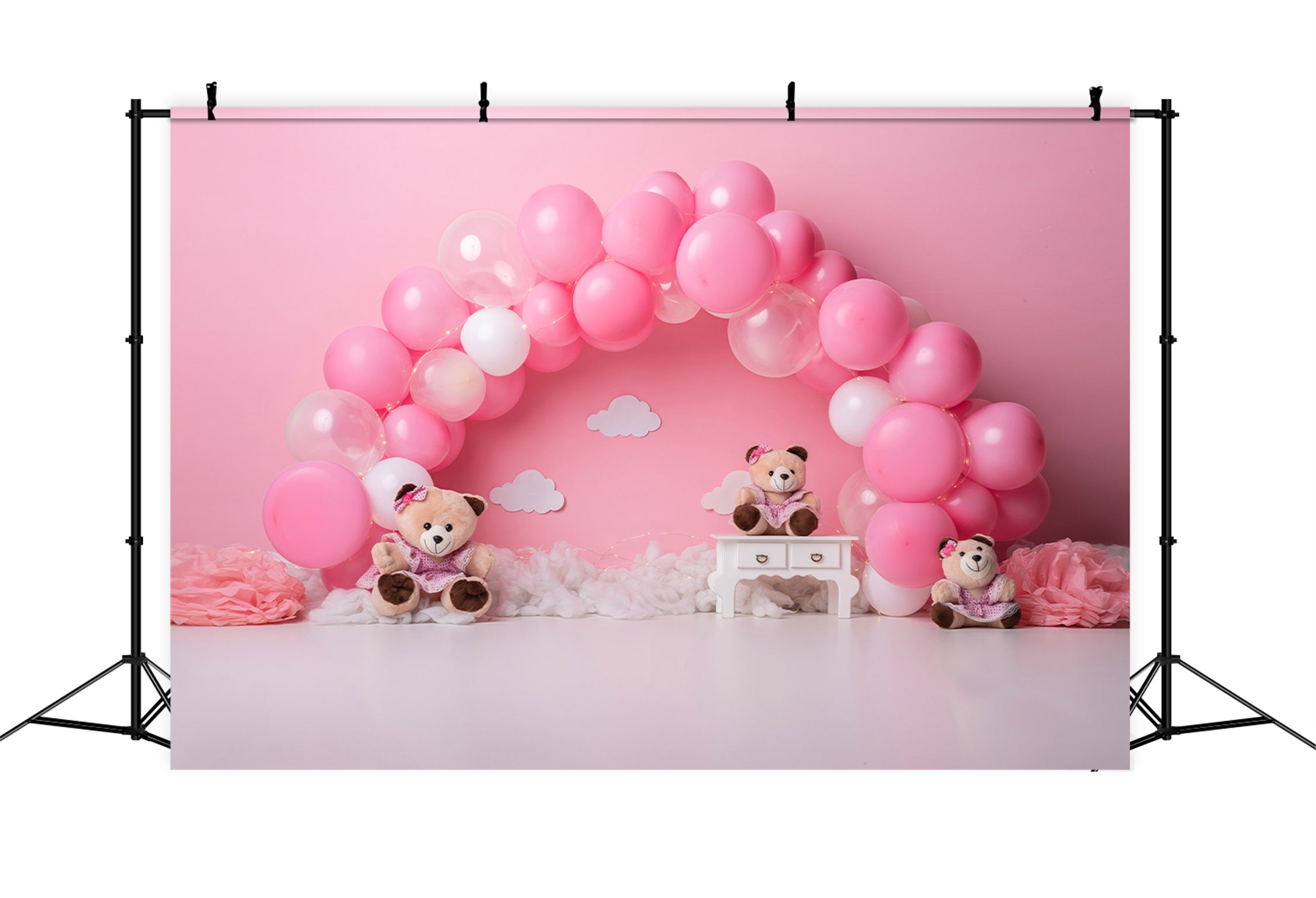 Newborn Backdrop Pink Balloon Arch Teddy Trio Childrens Photo Backdrops By Magali