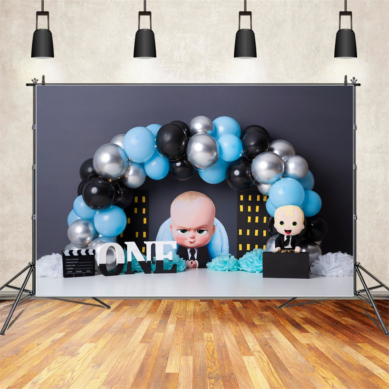 Children Backdrop Blue Black Balloon City Boss Kids Birthday Backdrop By Magali