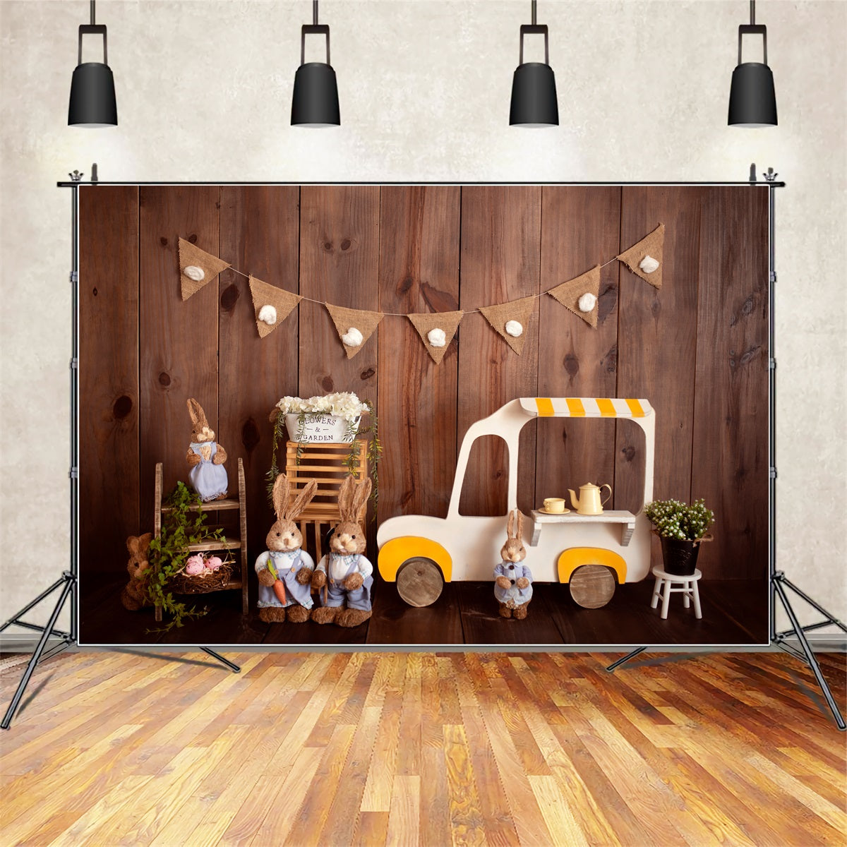 Children Backdrops Wooden Bunny Ice Cream Cart Easter Photo Backdrop By Magali