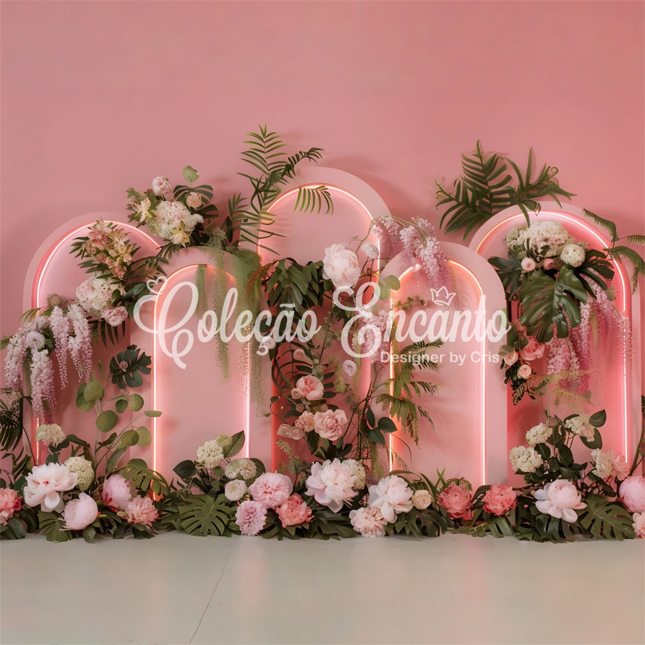 Mother's Day Backdrop Design Neon Arches Tropical Flowers Mother's Day Photo Backdrop By Magali