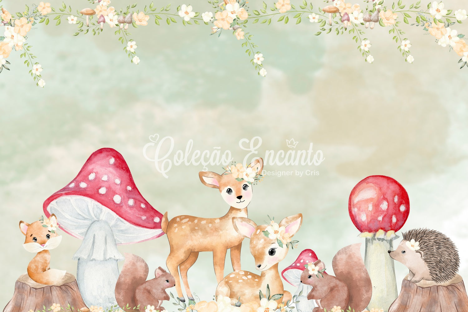 Kids Photography Backdrop Woodland Fawn Mushroom Floral Border Children Backdrop By Magali