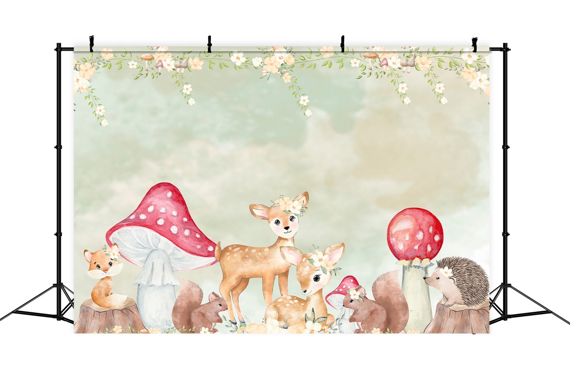 Kids Photography Backdrop Woodland Fawn Mushroom Floral Border Children Backdrop By Magali