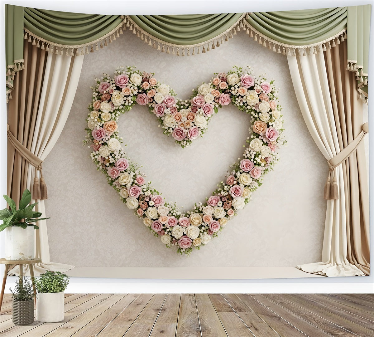 Photo Backdrop For Mothers Day Sage Curtain Heart Rose Wreath Mother's Day Backdrop Design By Magali