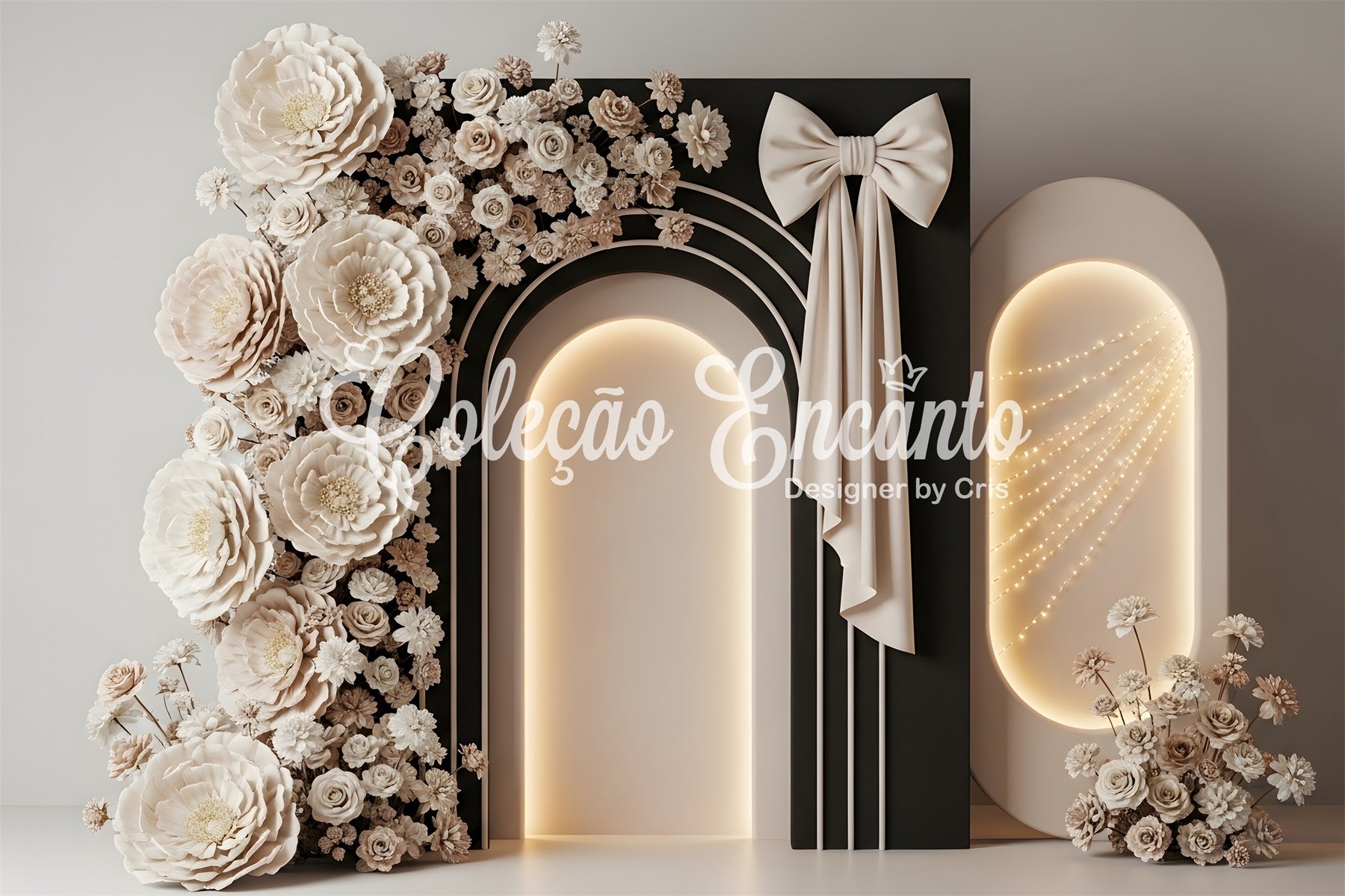 Mother's Day Backdrop Design Ivory Bow Arch Floral Glow Photo Backdrop For Mothers Day By Magali