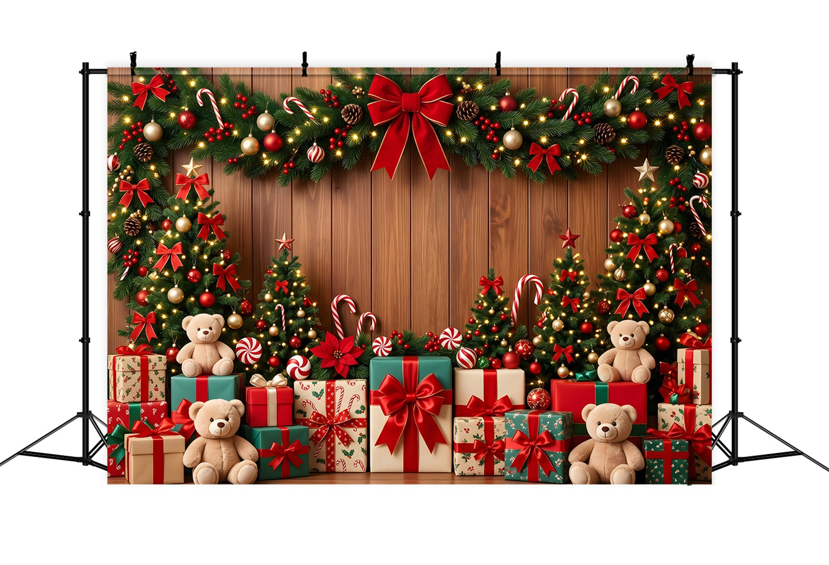 Photo Backdrop Christmas Candy Cane Teddy Gift Garland Christmas Backdrops Photography CEM65-103