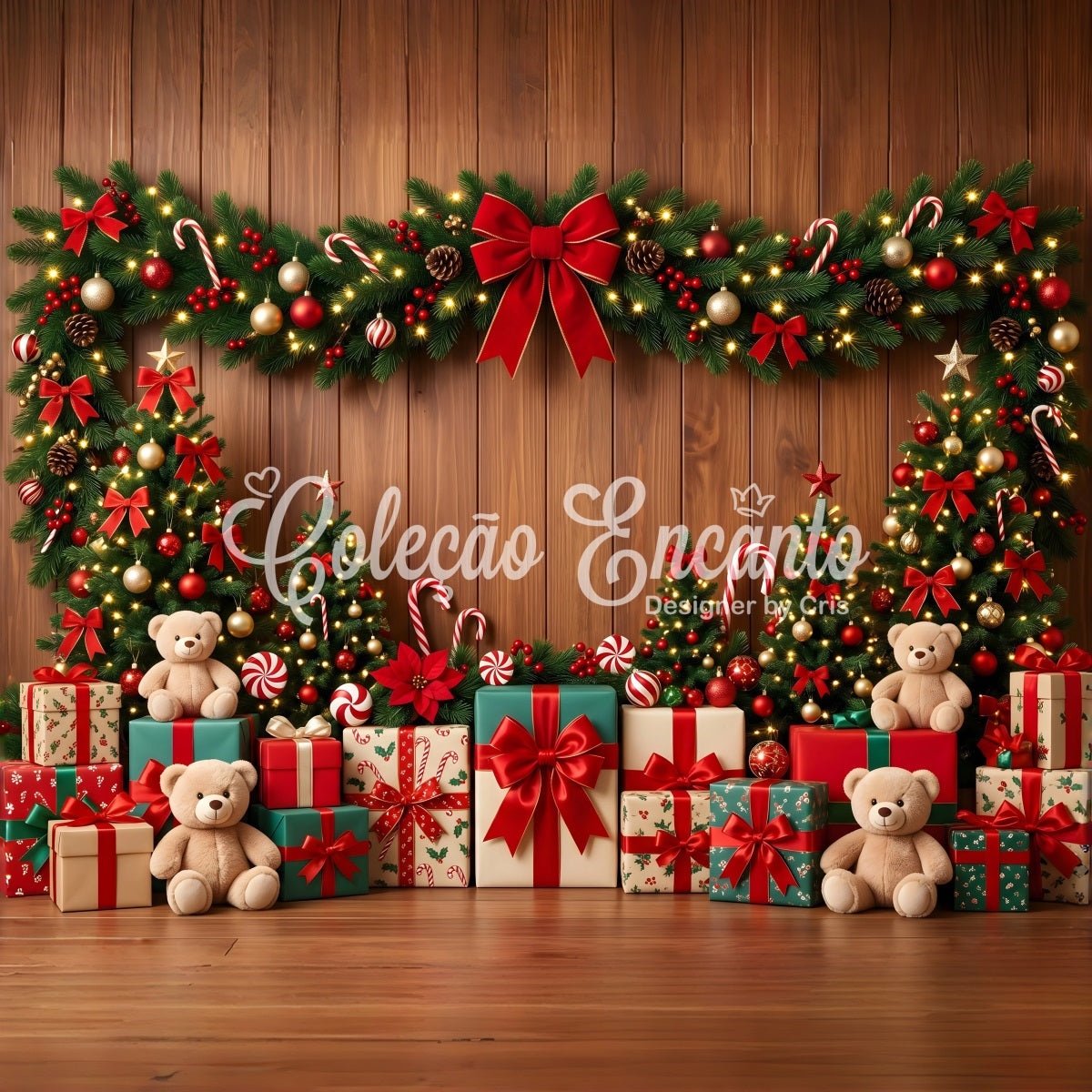 Photo Backdrop Christmas Candy Cane Teddy Gift Garland Christmas Backdrops Photography CEM65-103