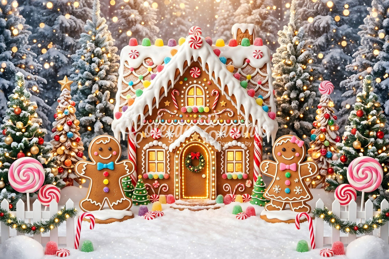 Christmas Village Backdrops Glowing Gingerbread Candy Cottage Photography Christmas Backdrops CEM65-105
