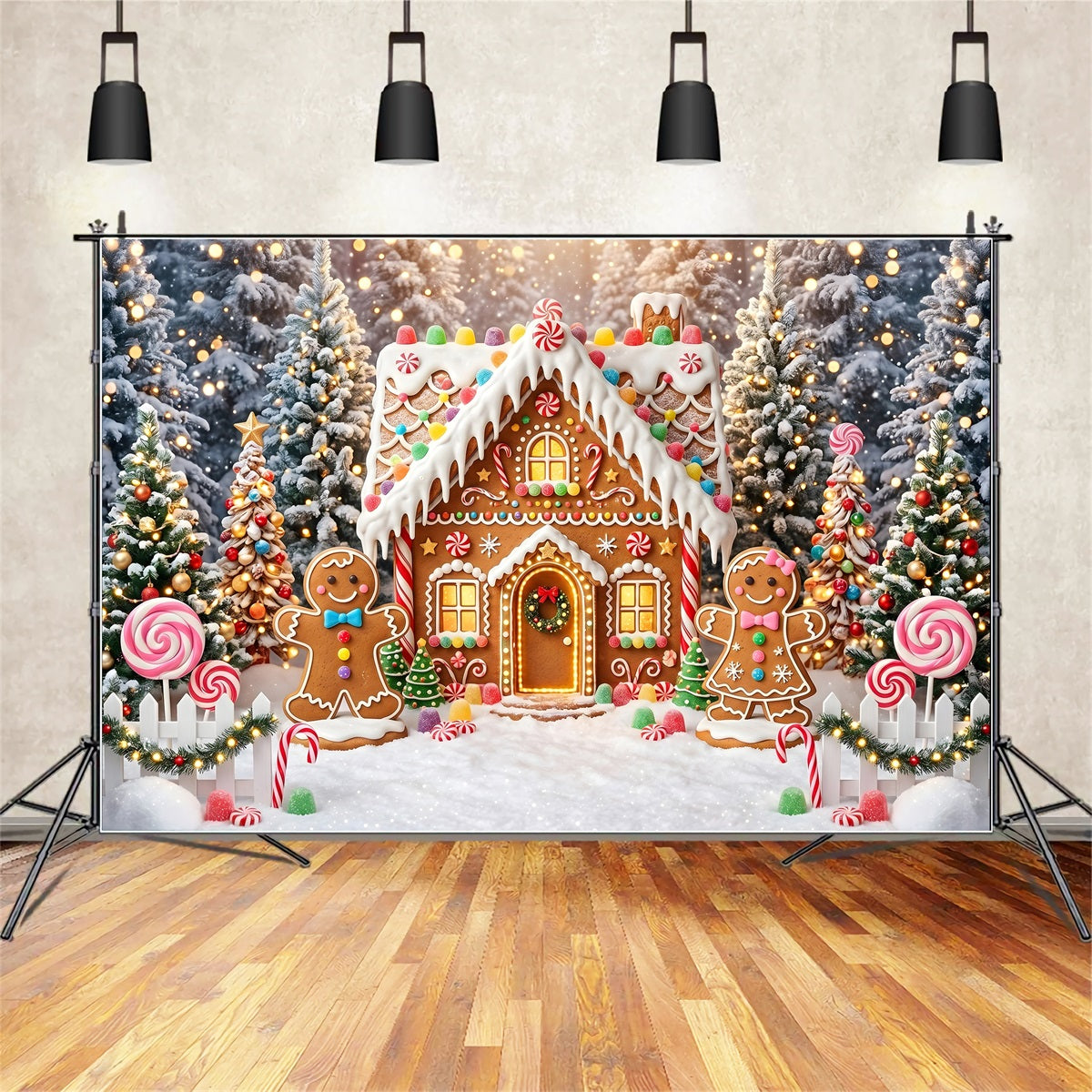 Christmas Village Backdrops Glowing Gingerbread Candy Cottage Photography Christmas Backdrops CEM65-105