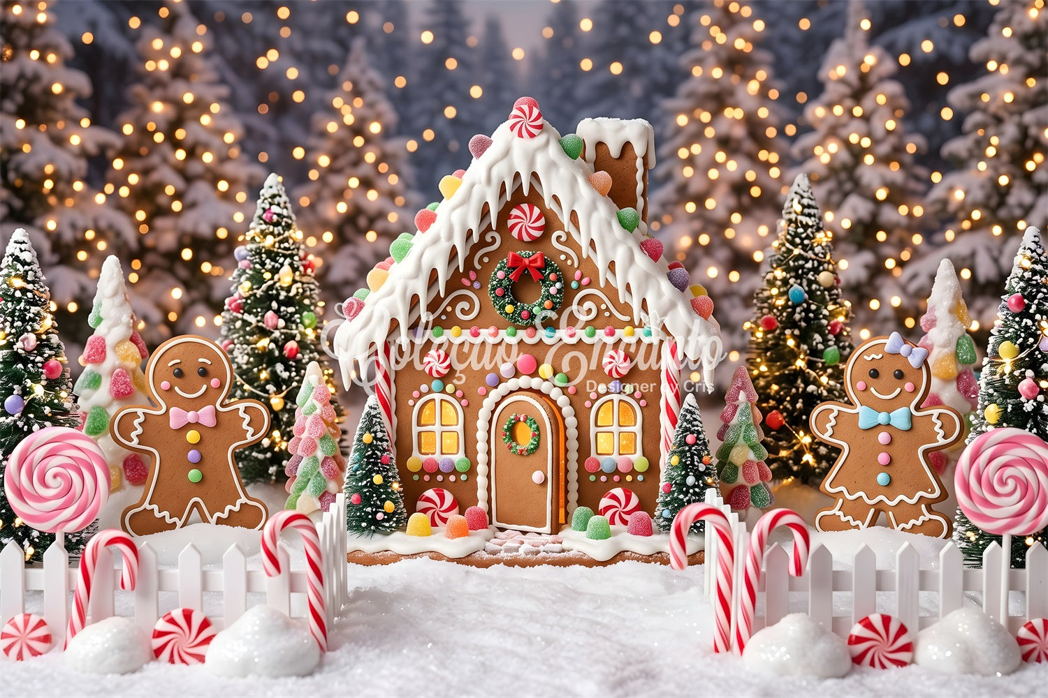 Christmas Backdrop Design Sweet Gingerbread Candy Forest Cottage Christmas Photoshoot Backdrop CEM65-106