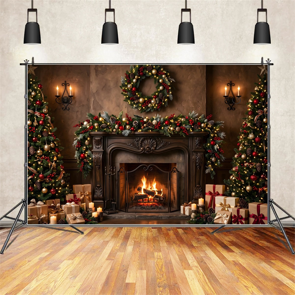 Large Christmas Backdrops Elegant Fireplace Wreath Candle Glow Christmas Backdrop For Pictures CEM65-107