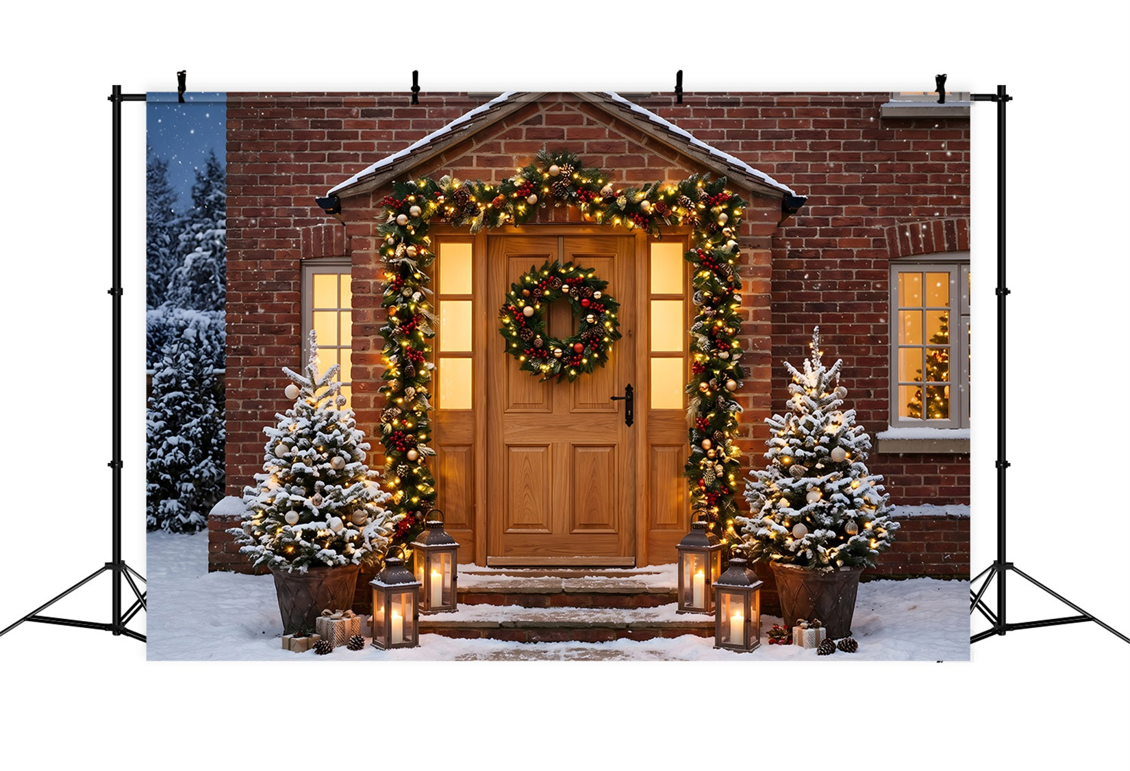 Photo Booth Christmas Backdrop Brick Door Garland Lantern Glow Large Christmas Backdrops CEM65-108