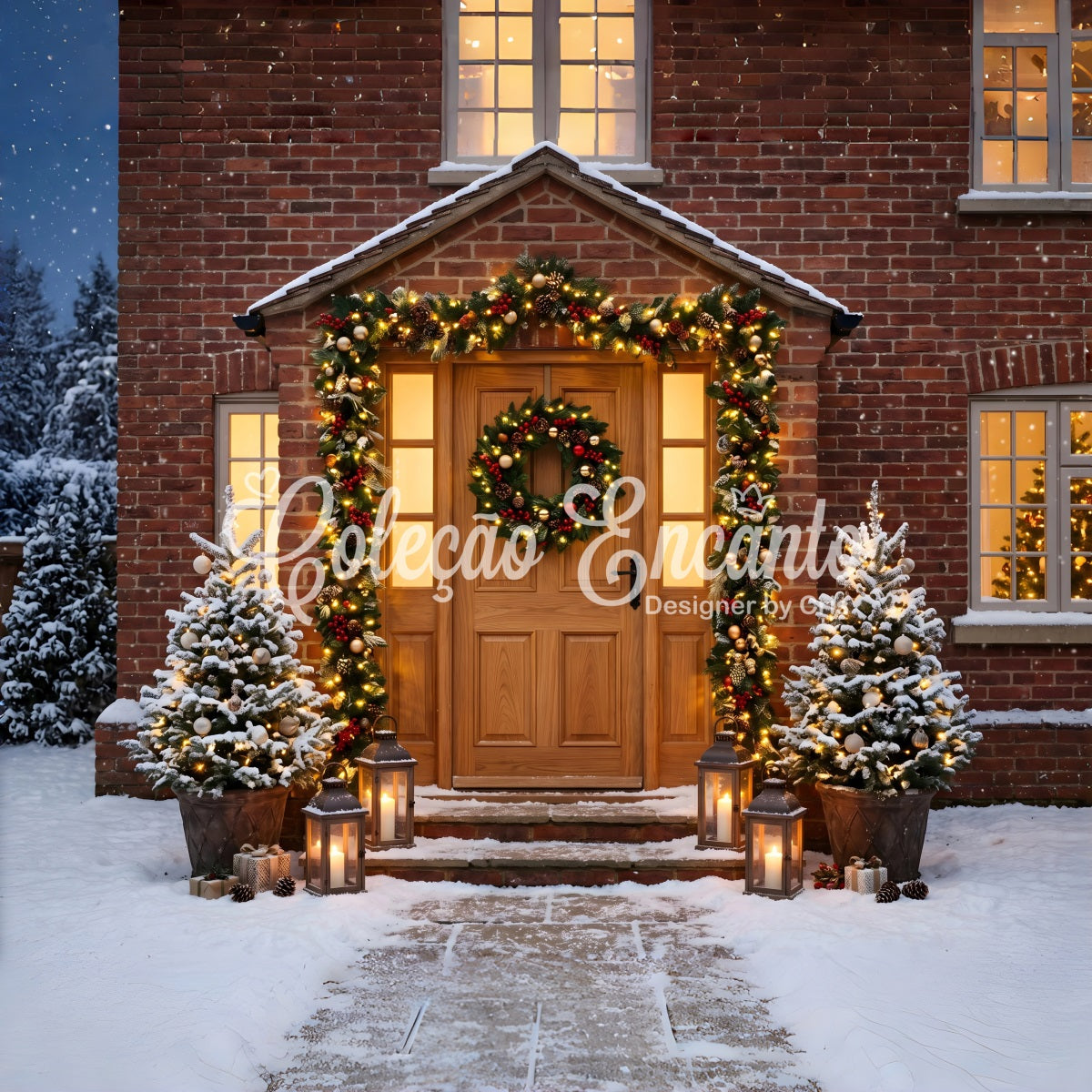 Photo Booth Christmas Backdrop Brick Door Garland Lantern Glow Large Christmas Backdrops CEM65-108