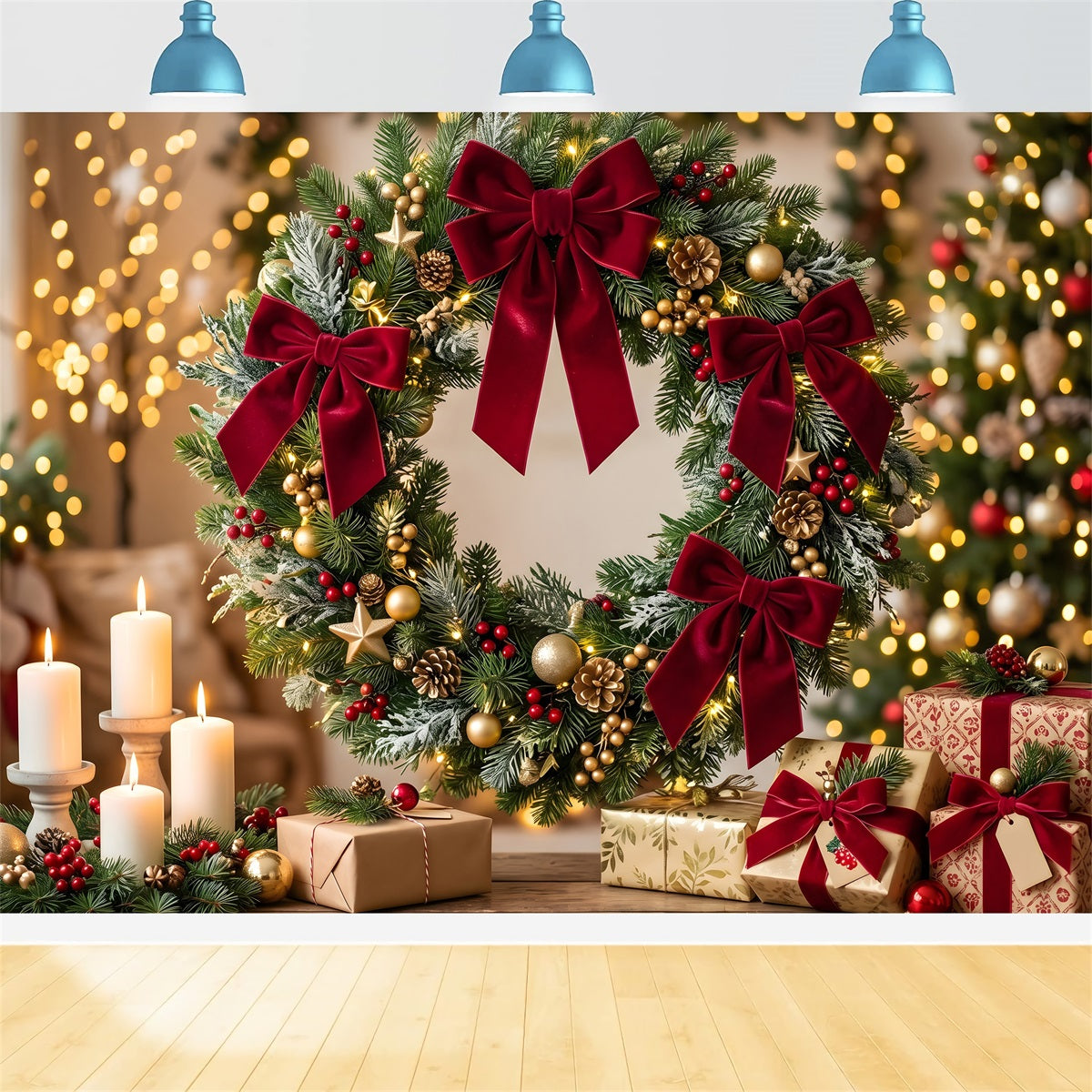 Christmas Backdrop For Photography Velvet Bow Wreath Candle Christmas Backdrop CEM65-110