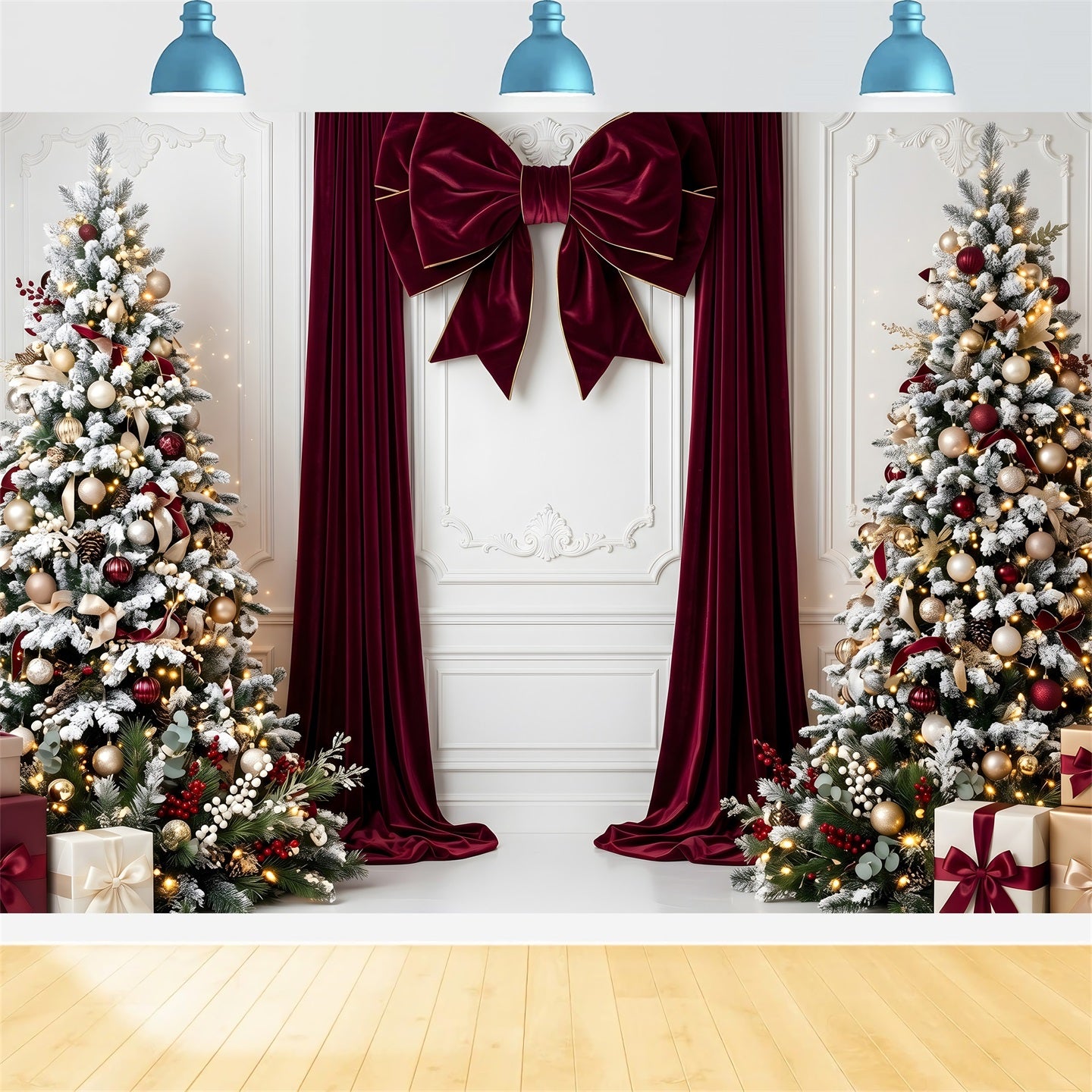 Backdrops For Christmas Burgundy Velvet Bow Snowy Trees Christmas Photobooth Backdrop CEM65-112